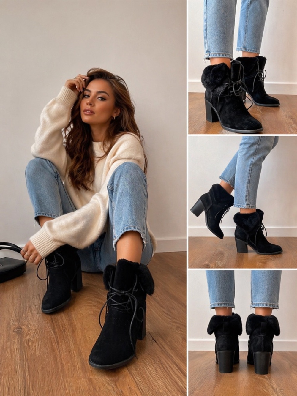 UGG Black Suede Fur Lined Ankle Boots Heeled Cozy Winter Booties